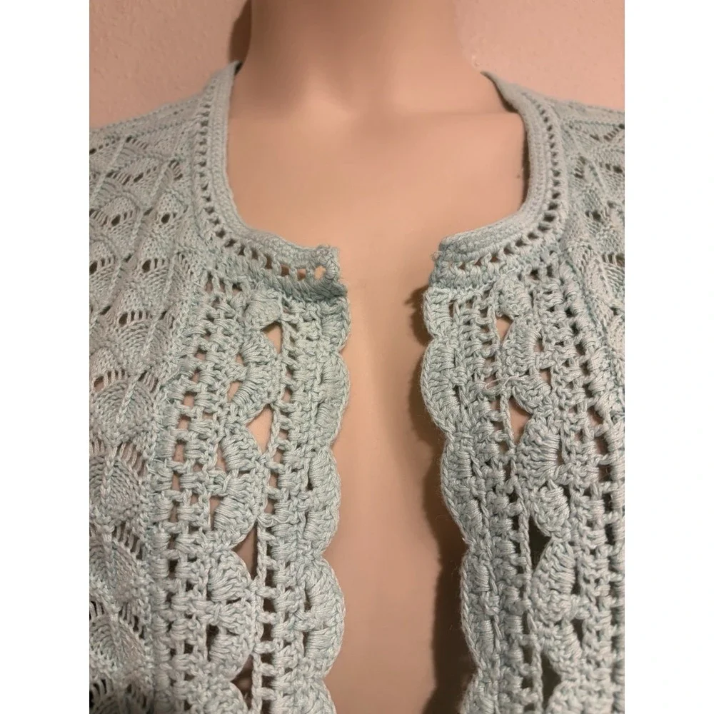 Isaac Mizrahi Aqua Crochet Knit Open Cardigan Sweater Sz L Cotton Blend Coastal